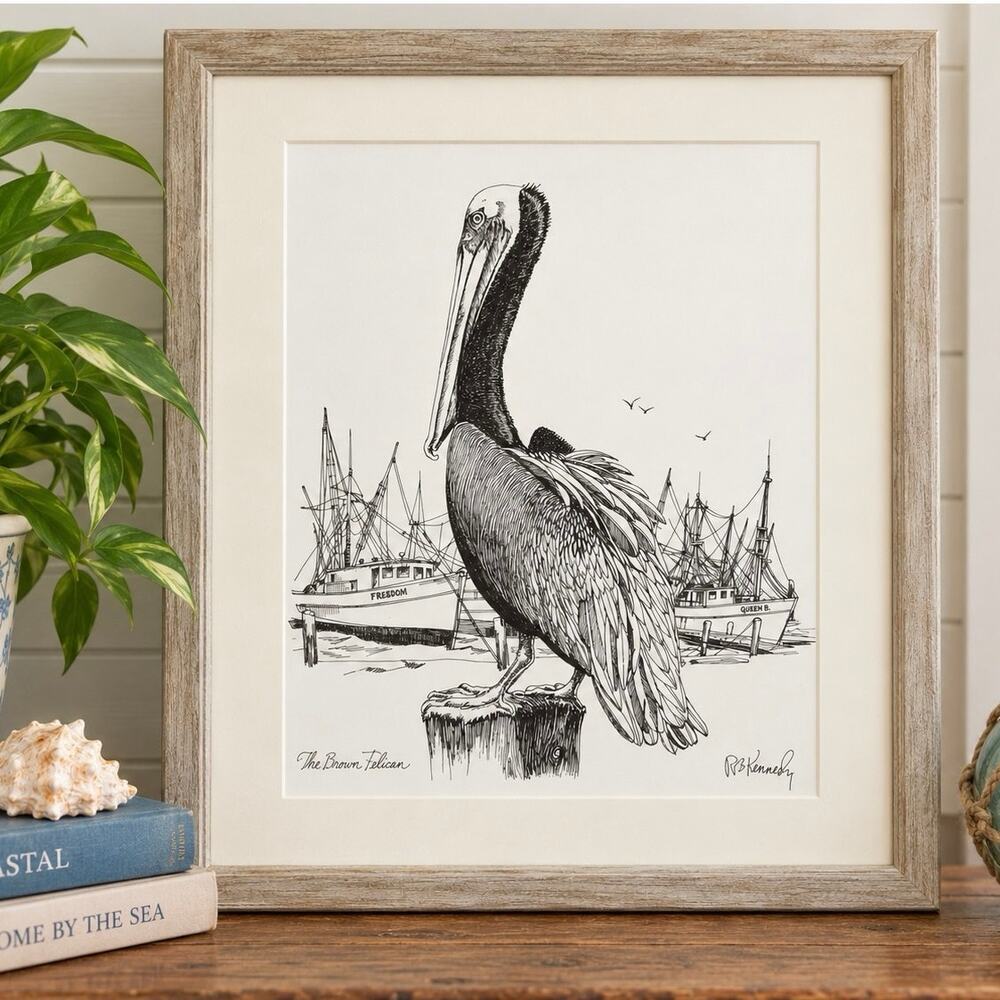 R.E. Kennedy The Brown Pelican Florida Coastal Nautical Art Print Matted Decor
